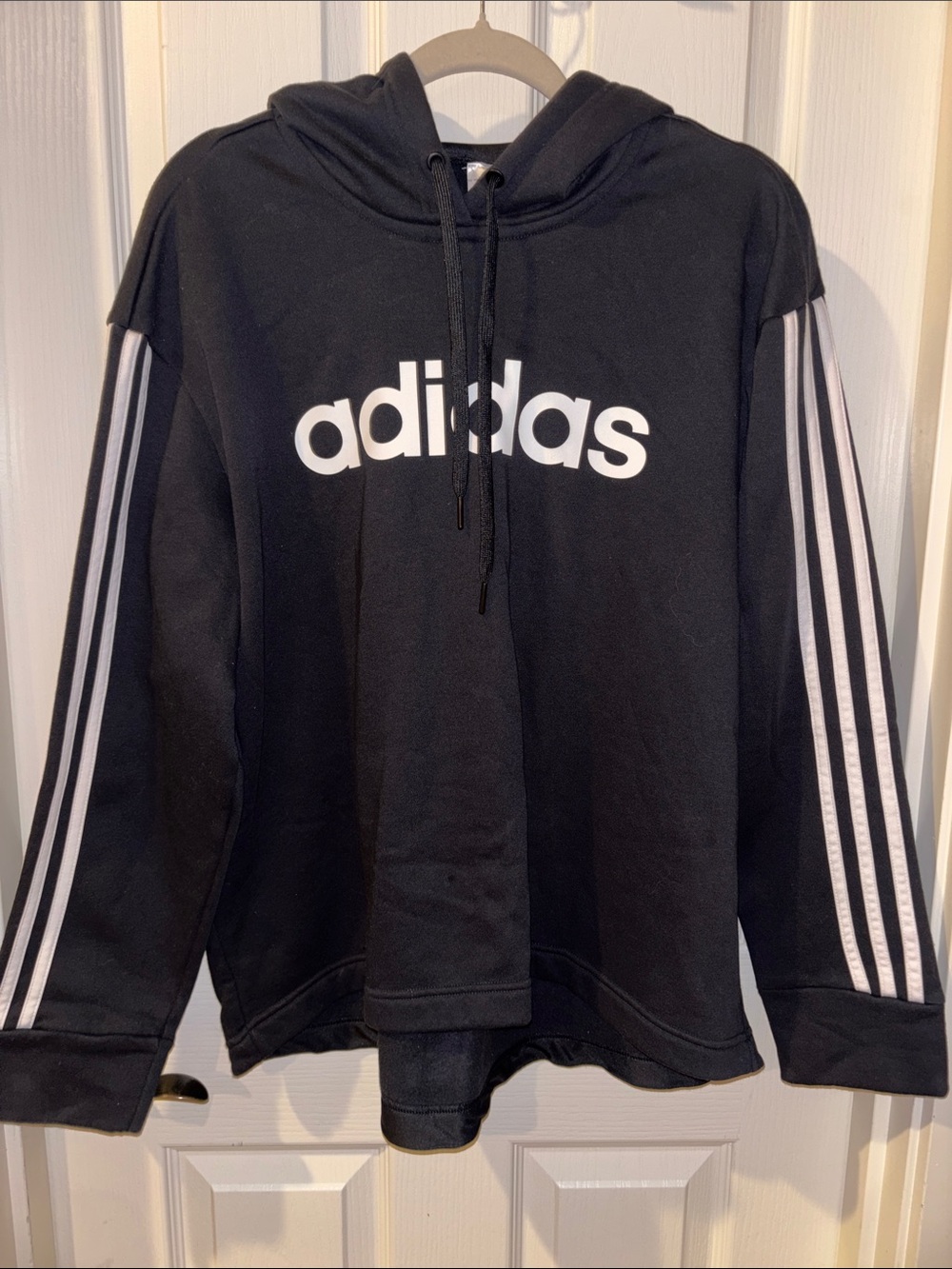 adidas Black Crewneck Hoodie with White Logo & Sleeve Stripes